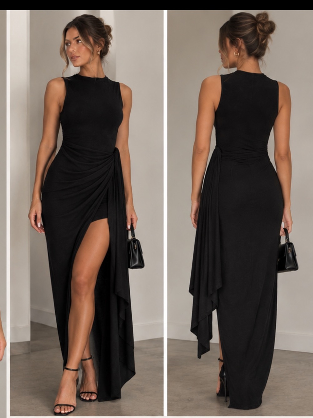 JLUXLABEL Black Asymmetric Draped High-Slit Midi Wrap Dress